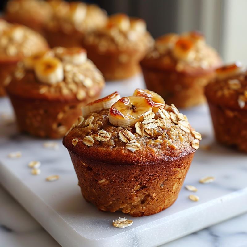 Close-up of sourdough banana muffins on white marble.