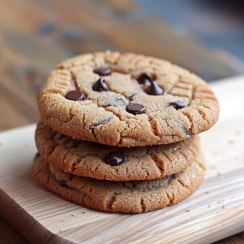 Stack of three chocolate chip cookies on light wood.