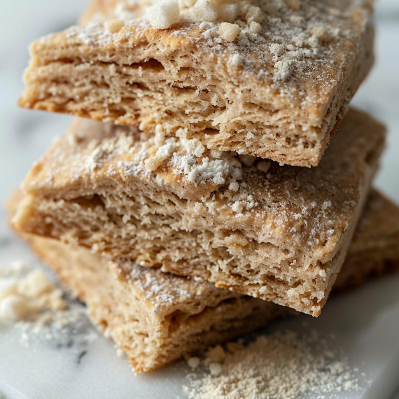 Close-up of crumbly Irish soda bread scones on white marble.