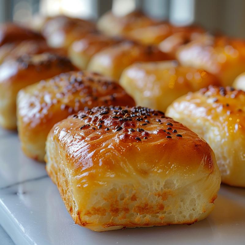 Close-up of soft, golden sourdough discard dinner rolls on white marble.